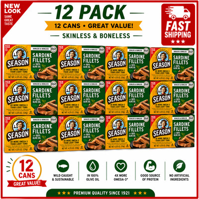 12 Cans Wild Caught Sardines Boneless Skinless in 100% Pure Olive Oil 4.38oz