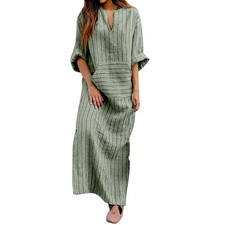 Women´s Yarn Dyed Striped Loose Long Dress Size 2XL GReen --CH1--