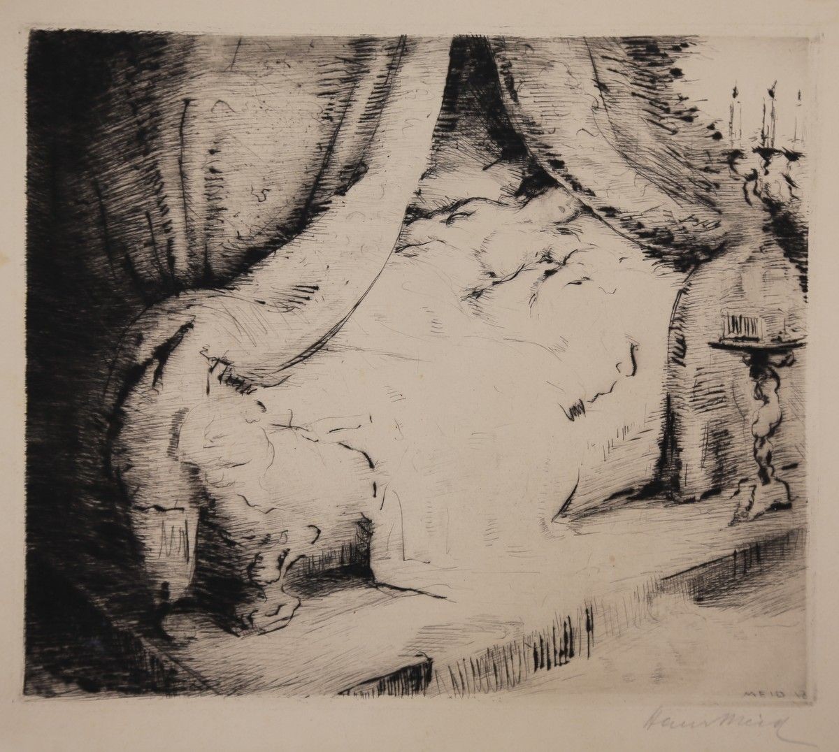 Hans Meid 1883-1957" Mujer En Cama de Techo ". Aguafuerte, signiert.1 20 Ex.1913
