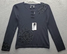 Michelle Nicole Blouse Top Womens Medium Black Beaded Floral Frog Button Front