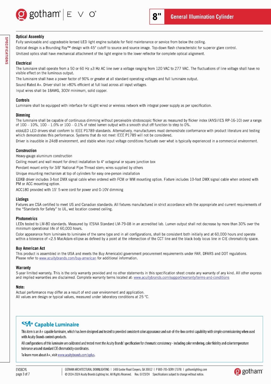Gotham Lighting EVO 8" CYL  General Illumination LED Downlight Cylinder