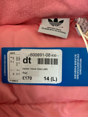 Adidas Puffer Vest Gilet Adicolor 70s Red Velvet Velour Large UK14 US10 £170 - Picture 10 of 20
