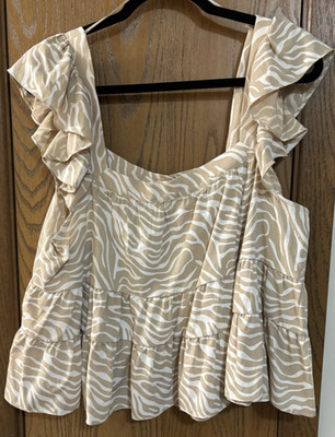 Arula Beige Zebra Ruffle Sleeve Top Women s B NWT