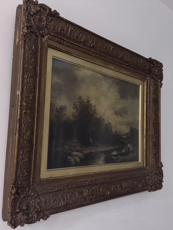 Antique oil painting on canvas figures in Landscape framed, glazed 52 cm/42 cm - Image 2 of 4