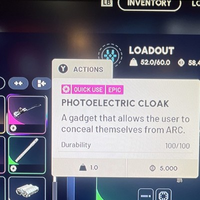 ARC RAIDERS Photoelectric Cloak Epic Gadget Quick Use In-Game Item