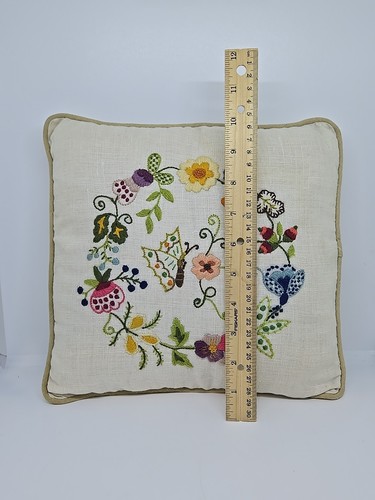 Handmade Crewel Embroidery Needlepoint Pillow Butterfly Flowers Cottage 12x12 - Picture 17 of 17