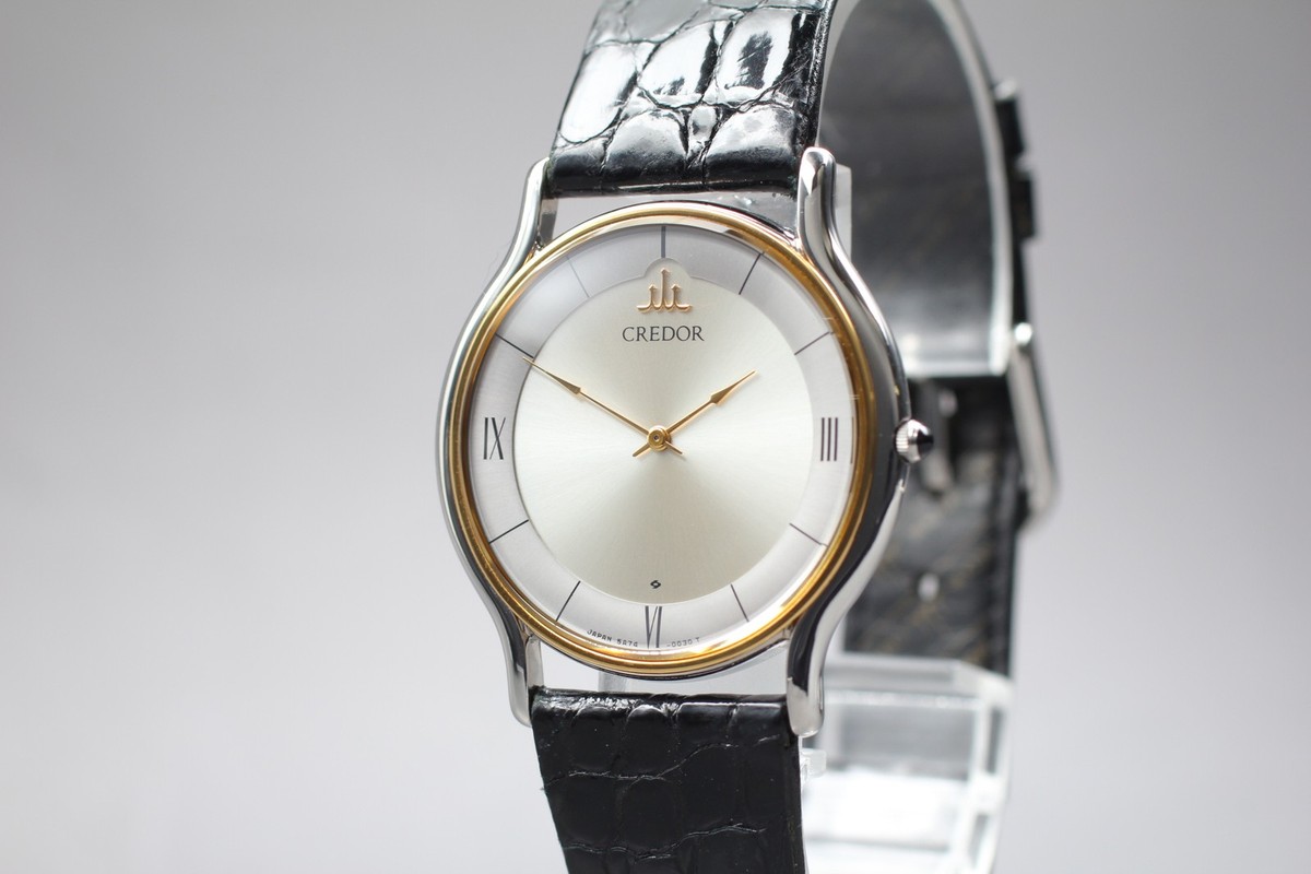 Near MINT SEIKO CREDOR 5A74-0020 Silver Gold 18KT Bezel