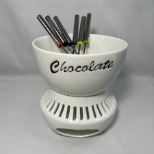 Williams Sonoma Porcelain Fondue Pot with 6 Dipping Forks Open Box New Holidays