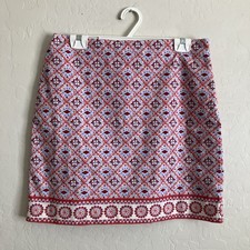Womens 8 Skirt BOHO Pink Blue Geometric Border Print A- Line Mini Lined Talbots