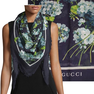 GUCCI SCARF 550905 NEW BLOOMS BLOOMY MIDNIGHT BLUE MODAL SILK FLORAL SQUARE 55''