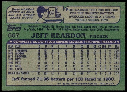 Jeff Reardon #667 1982 Topps - Picture 2 of 2