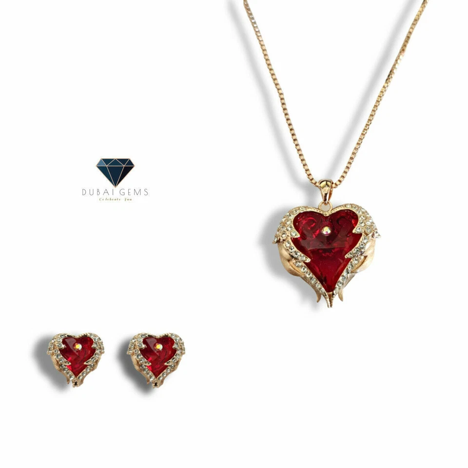Rose Gold Finish Ruby Heart Cut Wings Created Diamond Necklace And Earrings - Image 2 of 4