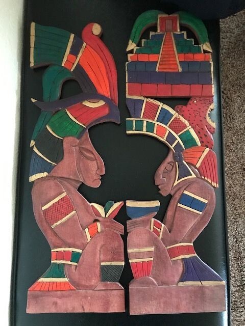 VTG Unique Mayan Culture Wood Carved  Mayan Deities Hand Made and Painted Panels