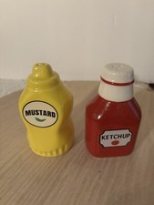 New Retro Ceramic Mustard  Ketchup Salt and Pepper Shaker Set