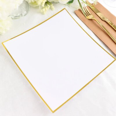 10 WHITE 10'' Square Concave Plastic Salad Dinner PLATES Gold Rim Party Events