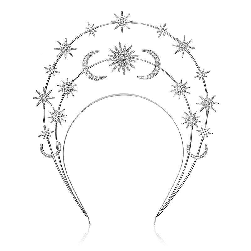 Diadema Halo Corona Diosa Estrellas Luna Sol Tiara, Boho Plata Tocado
