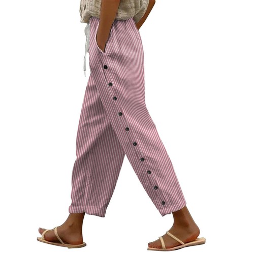 Women's Cotton Solid Elastic Waistband Pants With Pockets Side Buttons Trousers - Picture 16 of 66