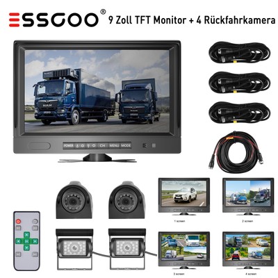ESSGOO 4 x Rückfahrkamera Mit Split Quad 9'' Monitor LKW Auto Rückfahrsystem 4CH