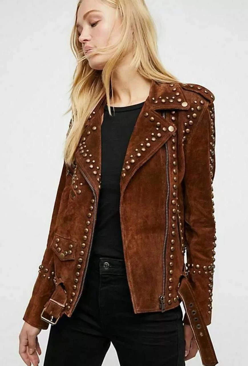 Women Brown Suede Leather Jacket Native American Studed Western Top Style Jacket