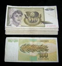100 Pcs x Yugoslavia 100 Dinara Banknotes, 1991 P-108 Full bundle-circulated