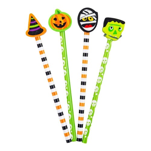 Spooky Pencil Toppers Halloween Theme 4x Pencils & Rubbers/Erasers