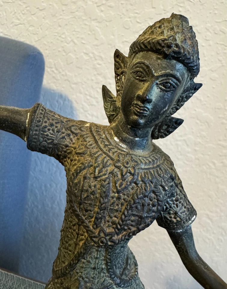 Antiguo par de figuras de baile deidad de bronce Siam Tailandia escultura 12" Foto 3 de 4