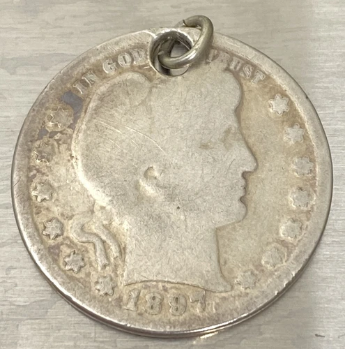 PENDANT - Real 1897 US Barber 90% Silver Quarter Coin