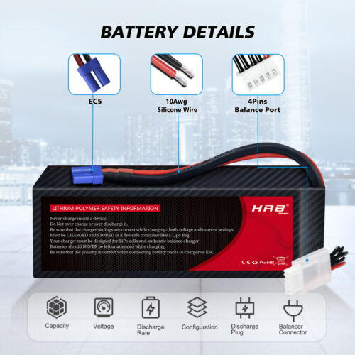 HRB 14.8V 9500mAh 4S 120C EC5 Lipo Battery for RC Car Truck Helicopter Buggy USA - Picture 2 of 6