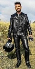 Men Black Lambskin Leather Biker Jacket With Half Sleeve Shirt With tie all Size