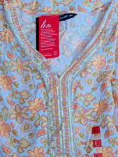 Kurta Top Tunic Printed Embroidered V-Neck Side Pocket Festive Party Wear Sz L