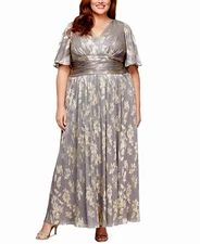 SL Fashions Plus Size V-Neck Metallic Fit & Flare Gown - Smoke Gold - 20W