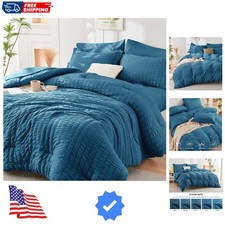 Teal Queen Comforter Set Seersucker 7 Pieces, All Season Luxury Bed in a Bag ...