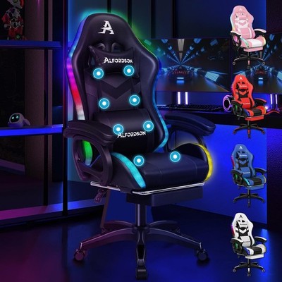 Gaming Stuhl RGB LED Massage 8-Punkt PU-Leder 90-150° Bürostuhl 180kg XL drehbar