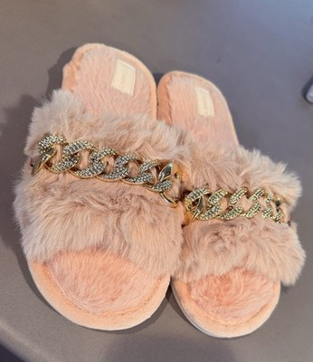 Summer Joy womens size 6 Blush Pink faux fur Slippers Gold Chain Hard Soles New