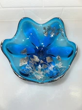 Vintage Blunique Viking Glass 7” Six Petal Compote Hand Painted Silver Overlay