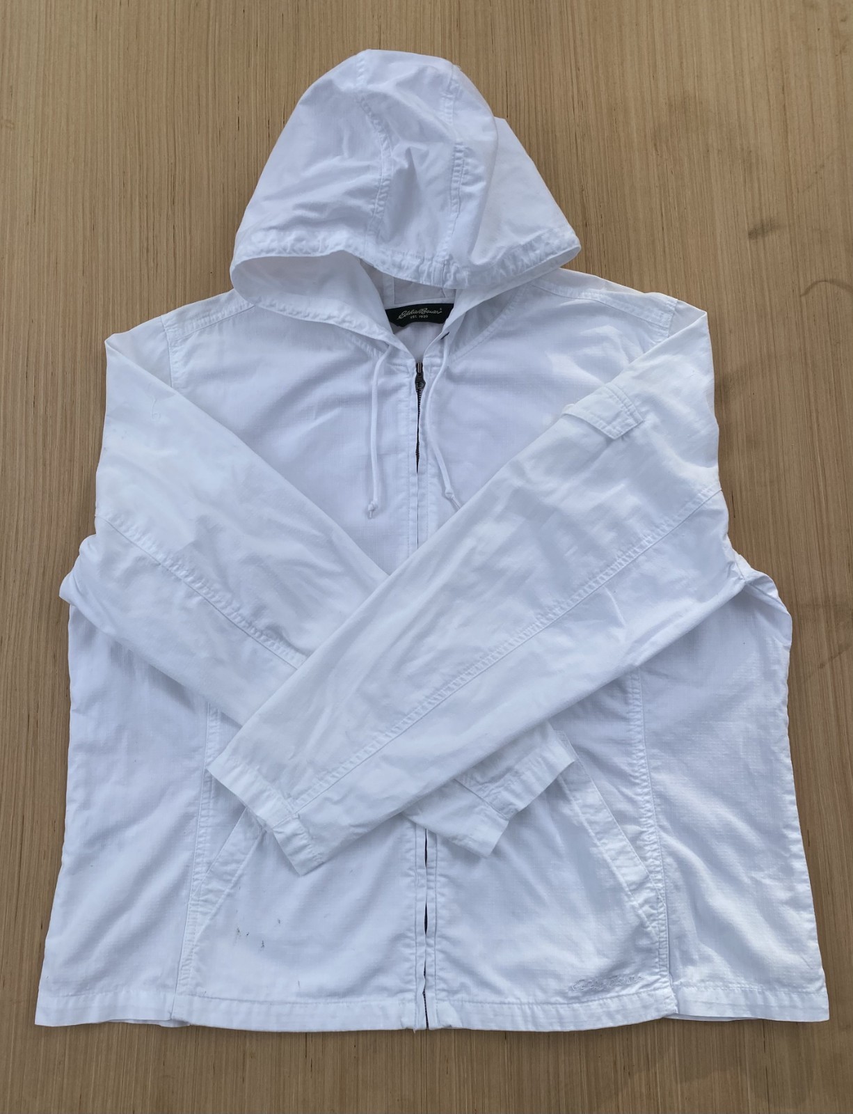 Eddie Bauer White Hooded Windbreaker Jacket Full Zip Lightweight Utiliy Men XL