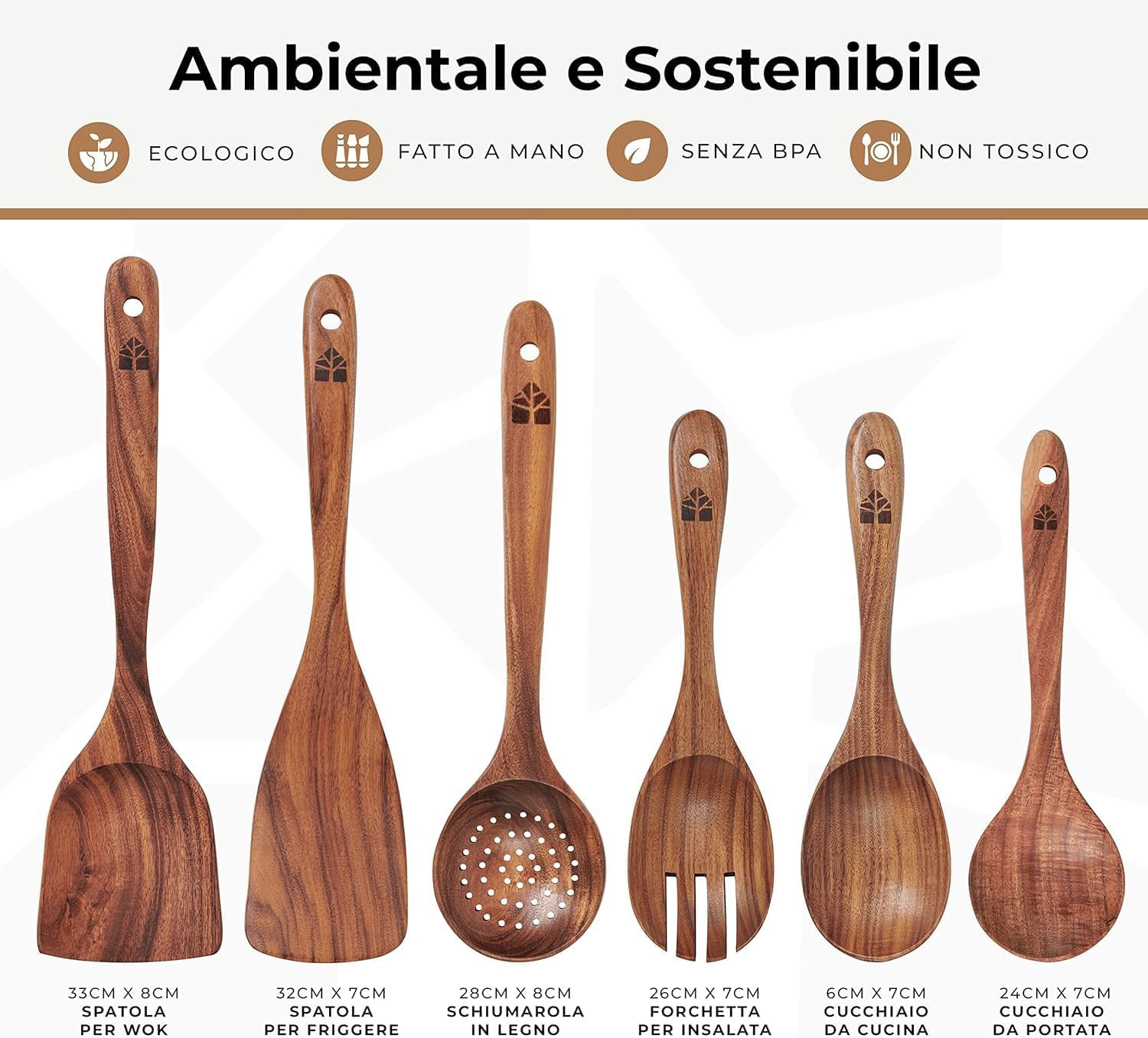 Set Utensili Cucina Legno Teak 6 Pezzi | Mestoli e Schiumarola Wok - 4