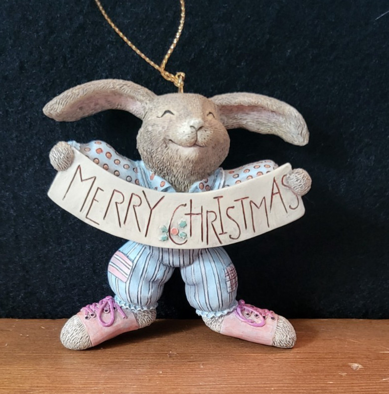 Vintage 1998 Lang & Wise Bunny Merry Christmas Ornament ~ Sherri Buck Baldwin 3"