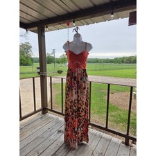 2b Bebe Maxi Dress Small Coral Orange Cut Out Leopard Floral Mixed Print Boho