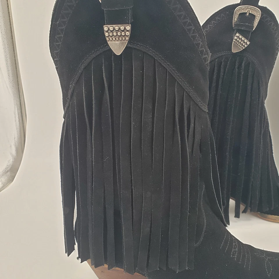 Botas vaqueras retro de gamuza negra con flecos en la ladera muy volátiles para mujer 7,5 Foto 4 de 4