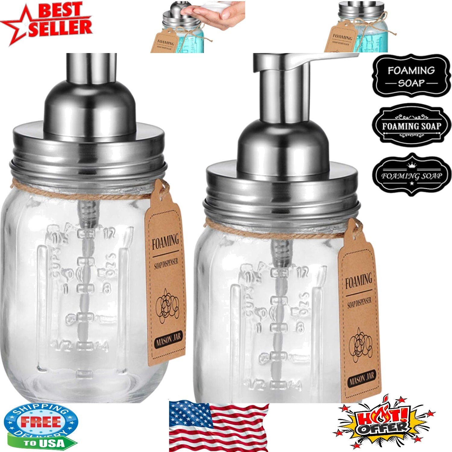 Foaming Soap Dispenser - Refillable Mason Jar Set
