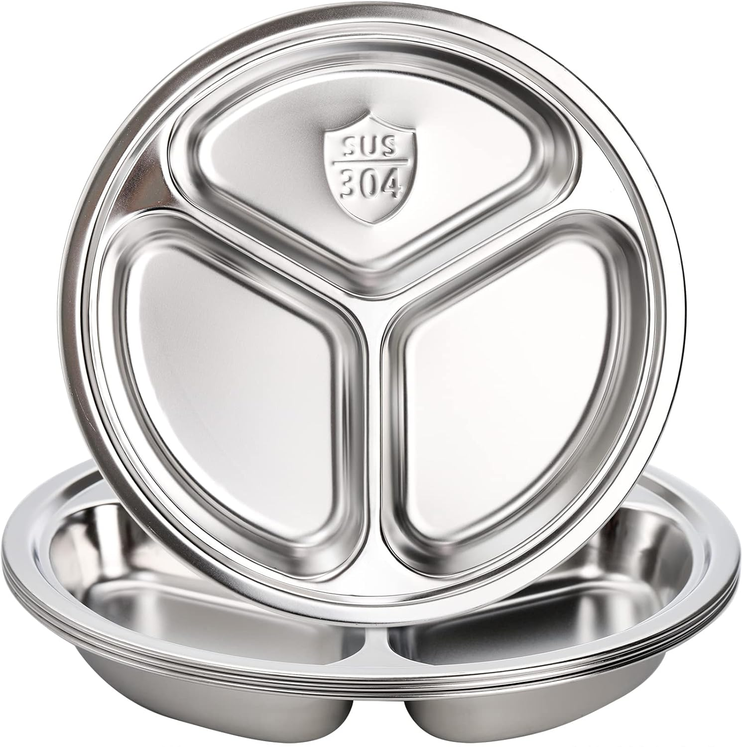 4-Pack 9.5 Inch Stainless Steel Divided Dinner & Snack Plates with 3 Sections