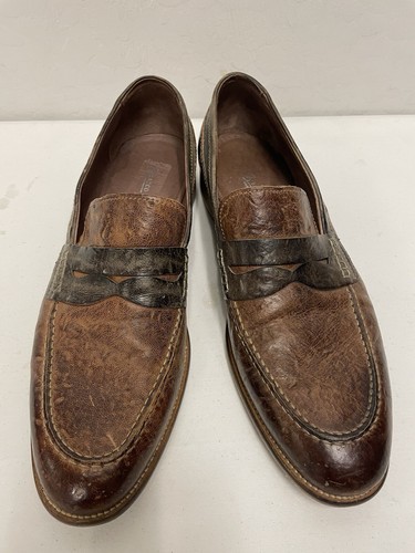 BACCO BUCCI Made in Italy Distressed Leather Penny Loafer in Browns Size 10