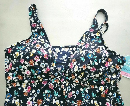 Swim Solutions VINTAGE DITSY NAVY Daisy Printed V-Neck Bow Tankini Top:18 - Picture 2 of 4