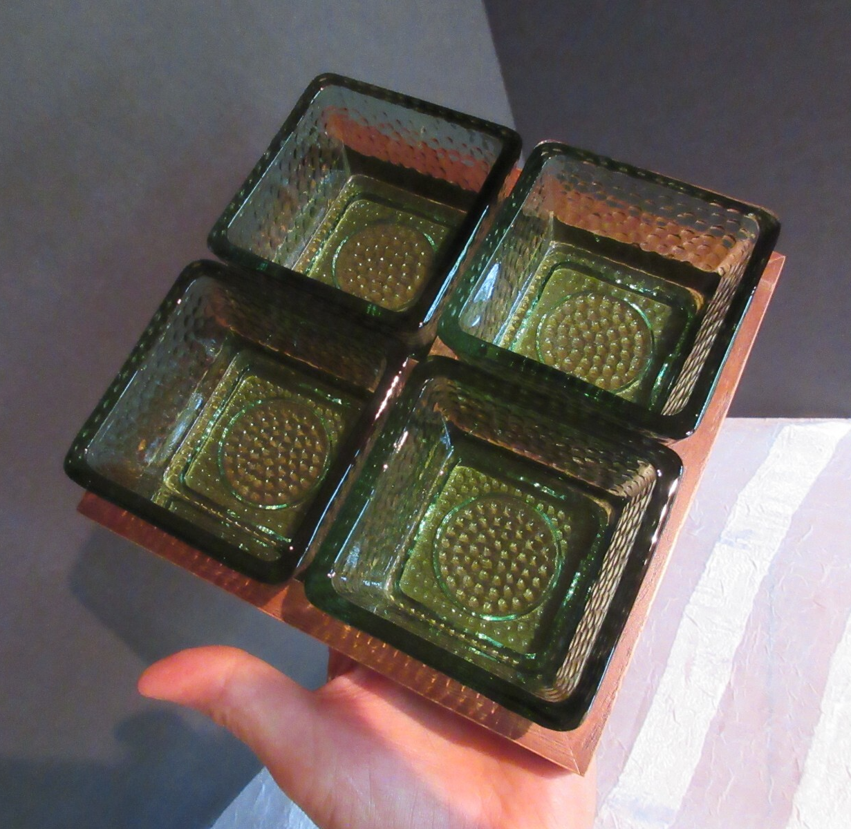 Bobby Flay Condiment Set with 4 Green Glass Bowls and Wood Tray - Excellent Condition