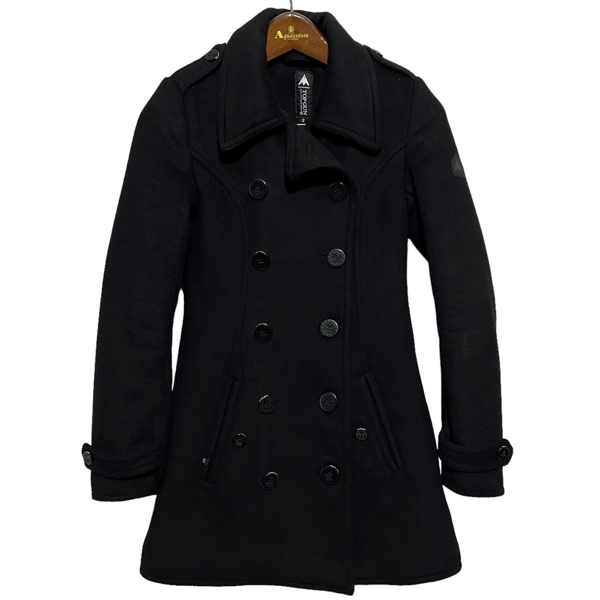 Wool Blend Pea Coat Jacket Double Breasted Anchor Buttons Black