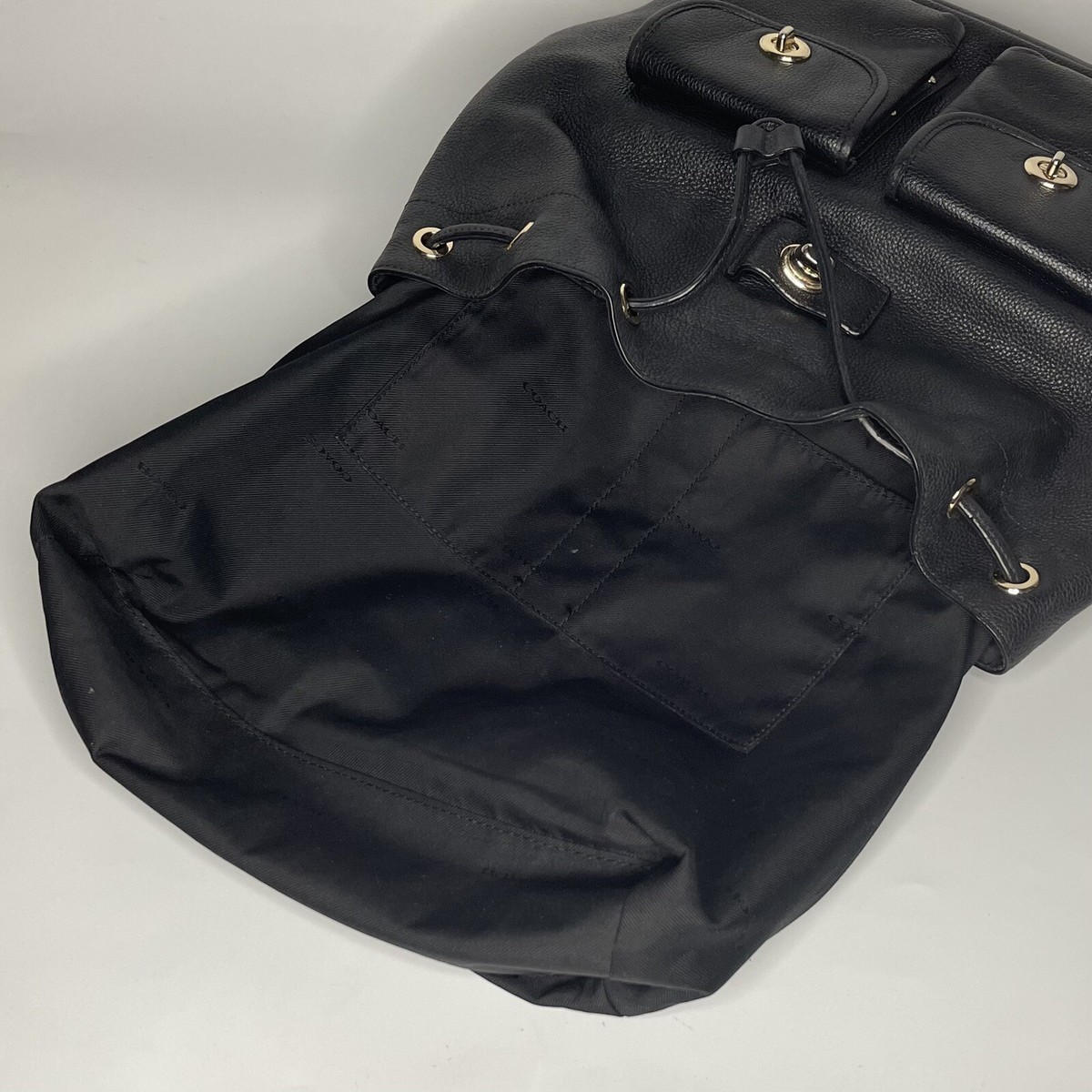 Coach Black Pebbled Leather Backpack Bag Large Turnlock Adj 
