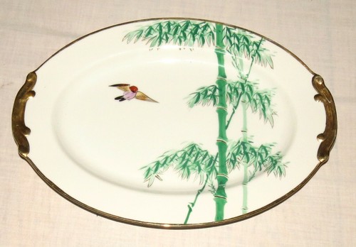 Japanese 14.5 x 10.25 inch Oval Serving Platter - Bamboo, Bird, & Gold Handles