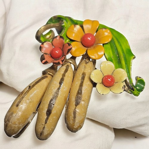 Selini Brooch 3d Banana Flower Tropical Fruit Selro Enamel Metal Pin Signed - Picture 4 of 10