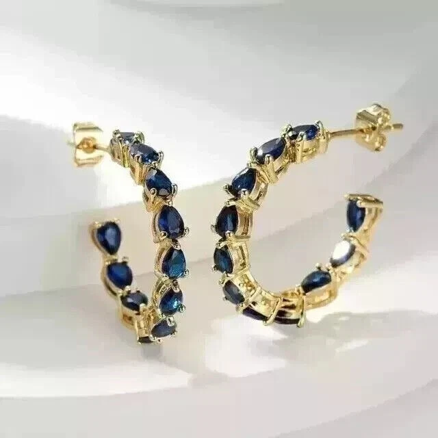 3.00 Ct Pear Cut Simulated Blue Sapphire 14k Yellow Gold Plated Hoop Earrings - Image 2 of 3
